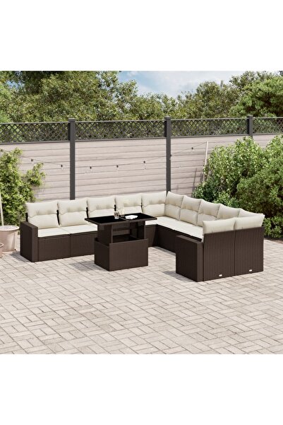 vidaxl Set canapele de gradina cu perne, 11 piese, maro, poliratan