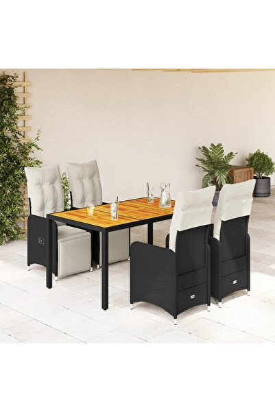 vidaxl Set bistro de gradina cu perne, 5 piese, negru, poliratan