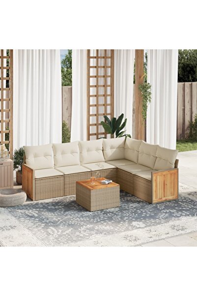vidaxl Set canapele de gradina, 7 piese, cu perne, bej, poliratan