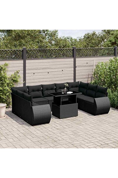 vidaxl Set canapele de gradina cu perne, 10 piese, negru, poliratan