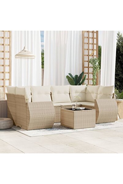 vidaxl Set canapele de gradina, 7 piese, cu perne, bej, poliratan