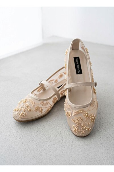 NUR KARACA 115 Y-058 Beaded Beaded Embroidered Tape Detail Tulle Ballet Flats...