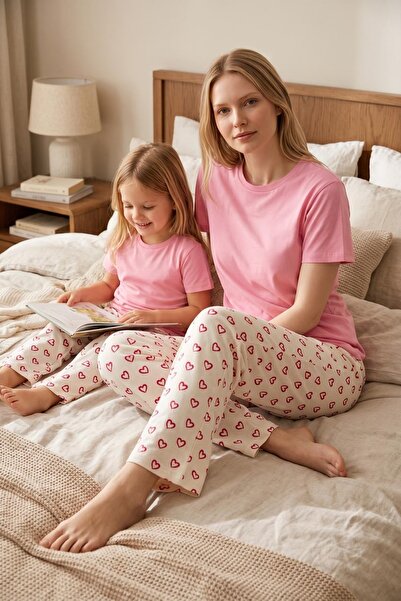 VİP BERA TEKSTİL Pembe Kalp Desenli Anne Kız Kombin Pamuklu Penye Tek Pijama ...