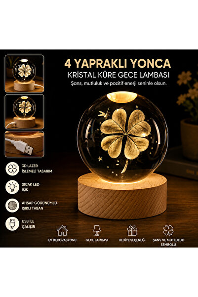 4 Yapraklı Yonca Tasarımlı Kristal Küre Gece Lambası – Ahşap Tabanlı Dekoratif LED Lamba
