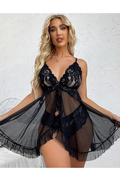 Bleu Petite Black Color Floral Patterned Tulle Stylish Women's Nightgown and ...