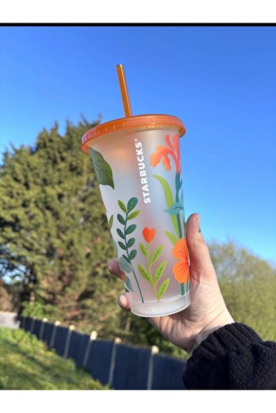 Starbucks Sera Çiçekleri Baskılı Plastik Yeniden Kullanılabilir Soğuk İçecek Bardağı 710 ml