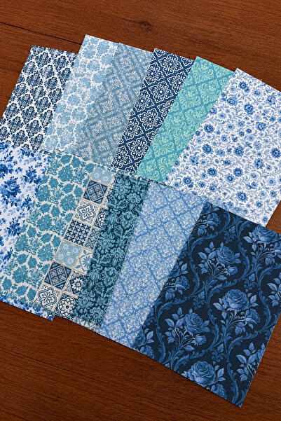 stickybloom Büyük Boy Vintage Mavi Tonlu Desenler Temalı 12 Parça A4 Kağıt Se...