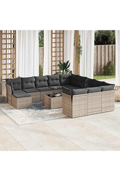 vidaxl Garden furniture set with cushions, 13 pieces, grey, polyrattan