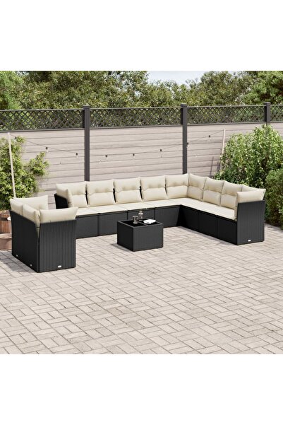 vidaxl Garden sofa set with cushions, 11 pieces, black, polyrattan
