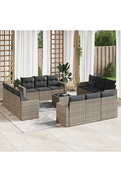 vidaxl Garden furniture set with cushions, 13 pieces, grey, polyrattan