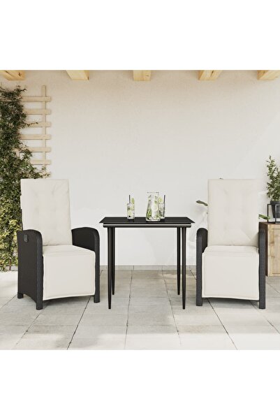 vidaxl Bistro set with cushions, 3 pieces, black, polyrattan