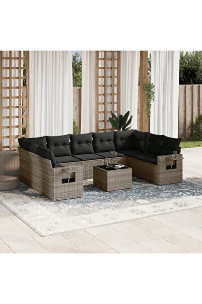 vidaxl Garden furniture set with cushions, 10 pieces, grey, polyrattan