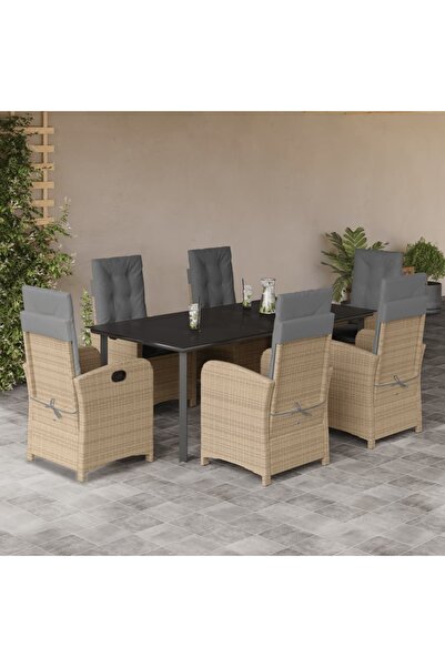 vidaxl 7-piece garden furniture set with cushions, beige, polyrattan