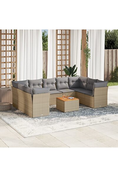 vidaxl Garden sofa set with cushions, 10 pieces, beige, polyrattan