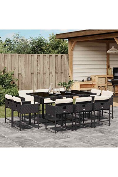 vidaxl Outdoor furniture set with cushions, 11 pieces, black, polyrattan