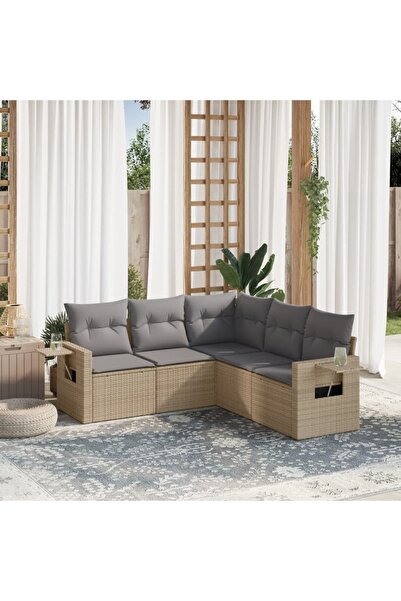 vidaxl Garden sofa set with cushions, 5 pieces, beige, polyrattan