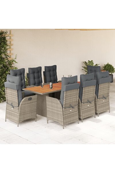vidaxl Garden furniture set with cushions, 9 pieces, grey, polyrattan