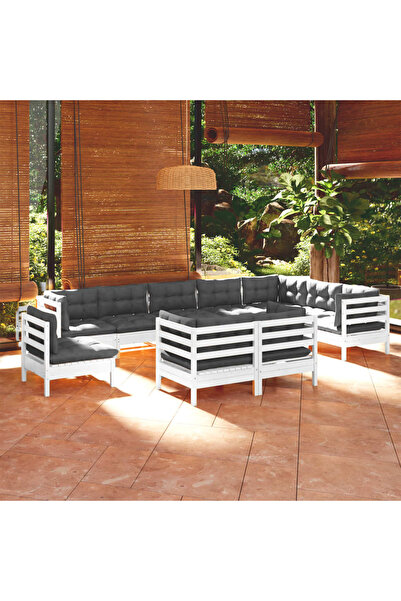 vidaxl Set mobilier gradina cu perne, 10 piese, alb, lemn masiv de pin