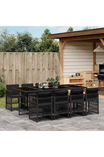 vidaxl Garden furniture set with cushions, 9 pieces, black, polyrattan