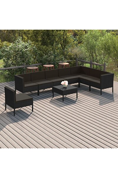 vidaxl Set mobilier de gradina cu perne, 9 piese, negru, poliratan
