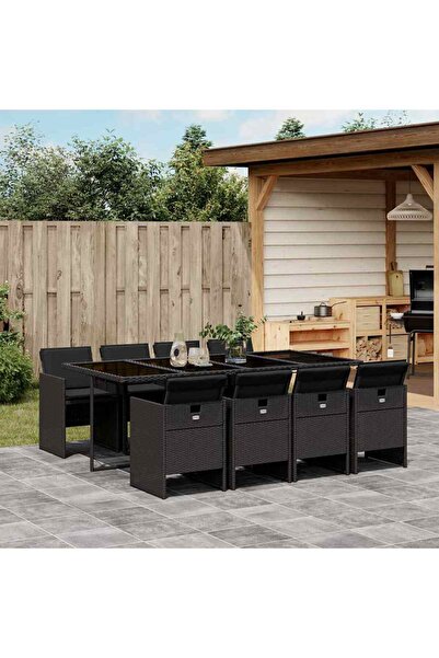 vidaxl Set mobilier de gradina cu perne, 9 piese, negru, poliratan