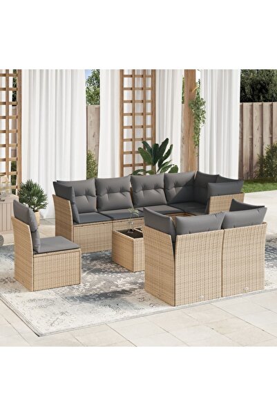 vidaxl Garden sofa set, 9 pieces, with cushions, beige, polyrattan