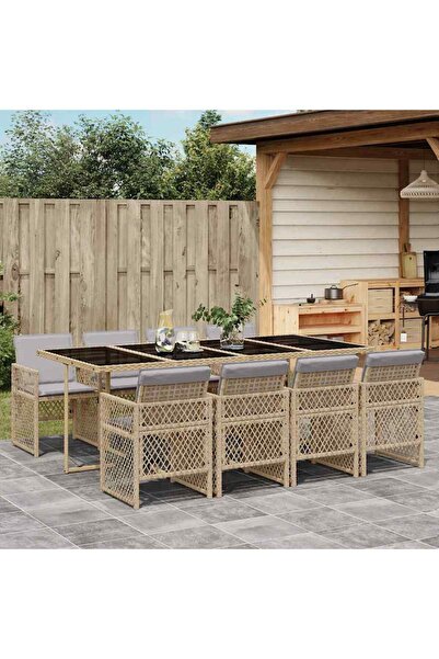 vidaxl 9-piece garden table set with cushions, beige, polyrattan