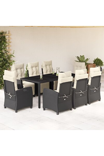 vidaxl Garden furniture set with cushions, 9 pieces, black, polyrattan