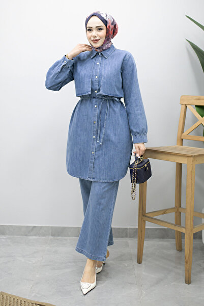 Tesettür Dünyası Tie-Waist Double Denim Set Tsd260217 Light Blue