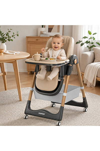 Bebelul Cream foldable baby dining chair with 2 trays and removable cover, ad...