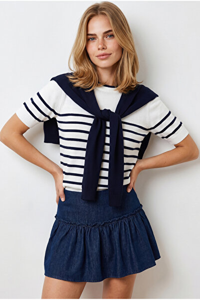 Olalook Women's Navy Blue Scarf Detailed Striped Short Sleeve Knitwear Blouse...