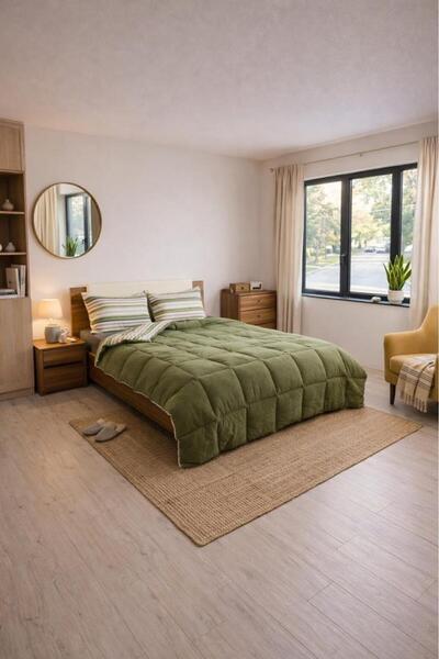 Çeyiz Diyarı Sherpa Plush Double Comforter Set with Elastic Sheets Khaki