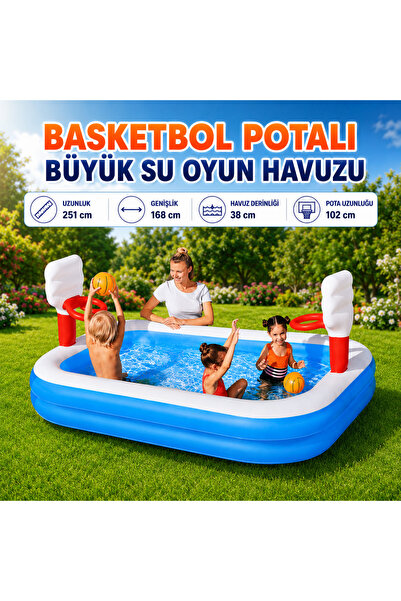 LRS STORE Basketbol Potalı Büyük Şişme Havuz 251x168 cm Çocuk Su Oyun Havuzu ...