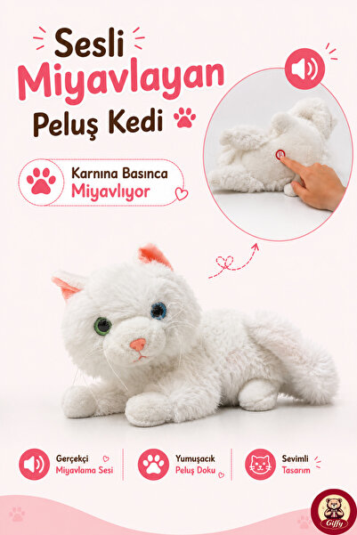 giffy Oyuncak Sesli Miyavlayan Peluş Kedi 36 CM Karnına Basınca Ses Çıkaran Y...