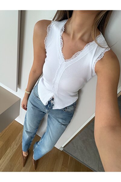 MERVE AKSOY Larisa Lace Tank Top - White