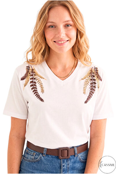 Cassime Tricou alb, 100% bumbac, cu paiete, broderie cu flori, cu umăr de cupru