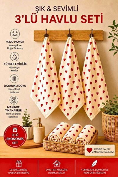 Mamcrazy 3'lü Kalp Baskılı 30x50 El & Yüz / Mutfak Havlusu & Kurulama Bezi / ...