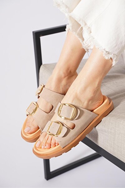 Moda Pie Γυναικείες παντόφλες Renam με διπλή αγκράφα από γνήσιο δέρμα, μπεζ σ...