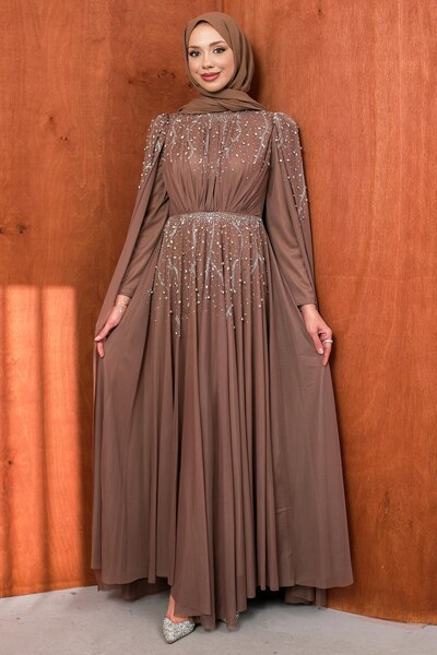 İmajButik Mink Shoulder Cape and Stone Embellished Evening Dress