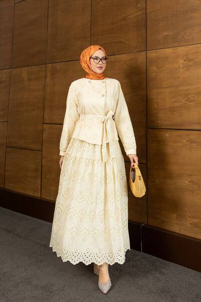 PİNK FLY Set Hijab cu scoici cu fustă lungă cu detaliu în piatră de vară
