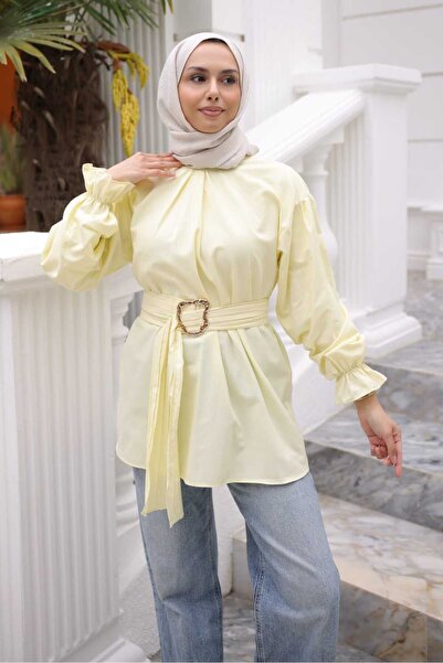 İmajButik Yellow Elastic Cuffed Belted Shirt
