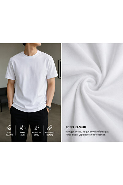 Erkek Beyaz Regular Fit Basic Tişört %100 Pamuk Premium Kumaş
