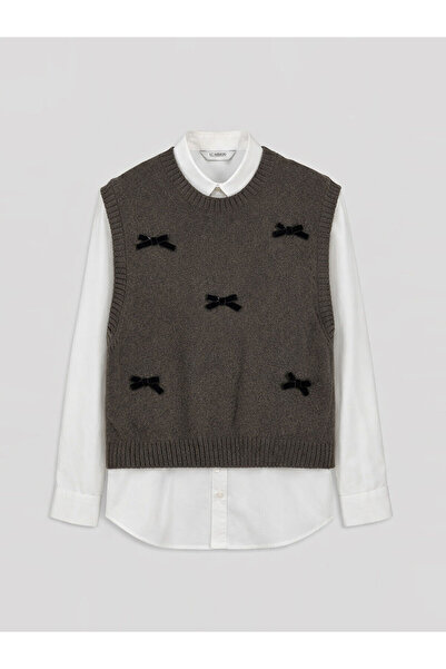 LC Waikiki Ecru Bow Detailed Girls' Sweater and Shirt