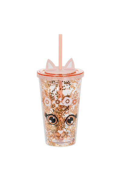 OEM Pahar de plastic cu capac și pai, cu design Pisică Confetti Somon, 475ml