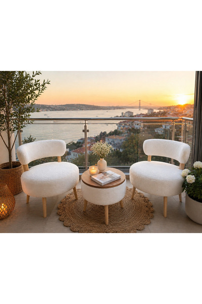 ADANUR DESIGN Lara Beyaz Çay Seti İkili Koltuk Berjer ve Puf Takımı 3 lü Takı...