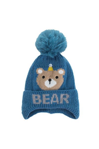 Zumzeria Sky Blue Knitted Hat with Ear Covers Bear Beige & Pompon for 6 Month...