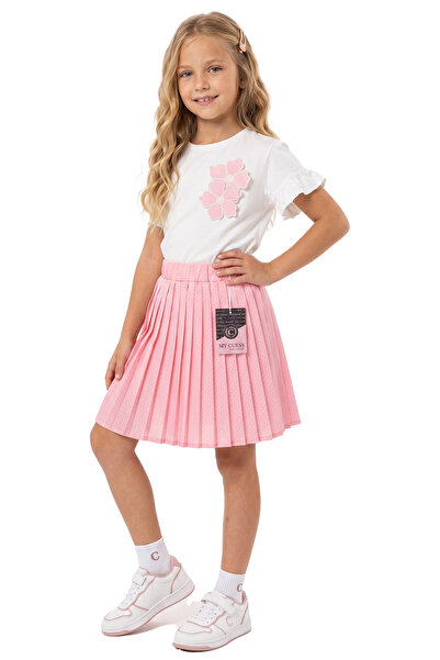 mycuess Girl's Floral Appliqué T-Shirt and Polka Dot Pleated Skirt 2-Piece Se...