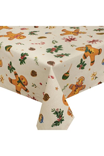 Zumzeria Christmas Decorative Tablecloth Ecru with Gingerbread Figures Patter...