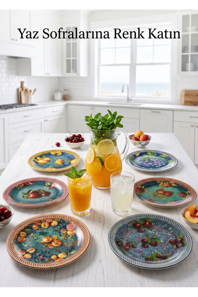 EMBazaar Alaçatı Esintisi Series Set of 6 Ceramic Cake Plates Fruit Patterned...