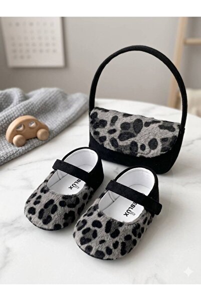 BEBLUXBABY Leopar Desenli Gri Siyah Babet Kız Bebek Ayakkabı Çanta Set